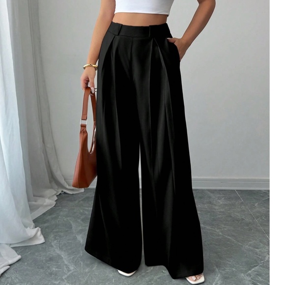 Classic Solid Stretchy Waist Pleated Pockets Wide leg Trouser Pants - Picture 12 of 12